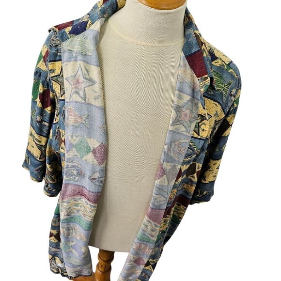 80s-90s Pierre Cardin Hawaiian Shirt Fish Pattern Collared Mens 2XL Blue Multi - Picture 10 of 10